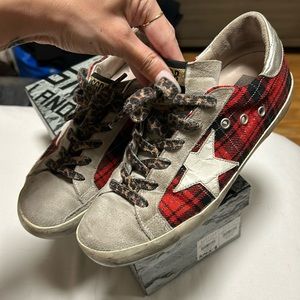 golden goose superstar red plaid/leopard sneakers